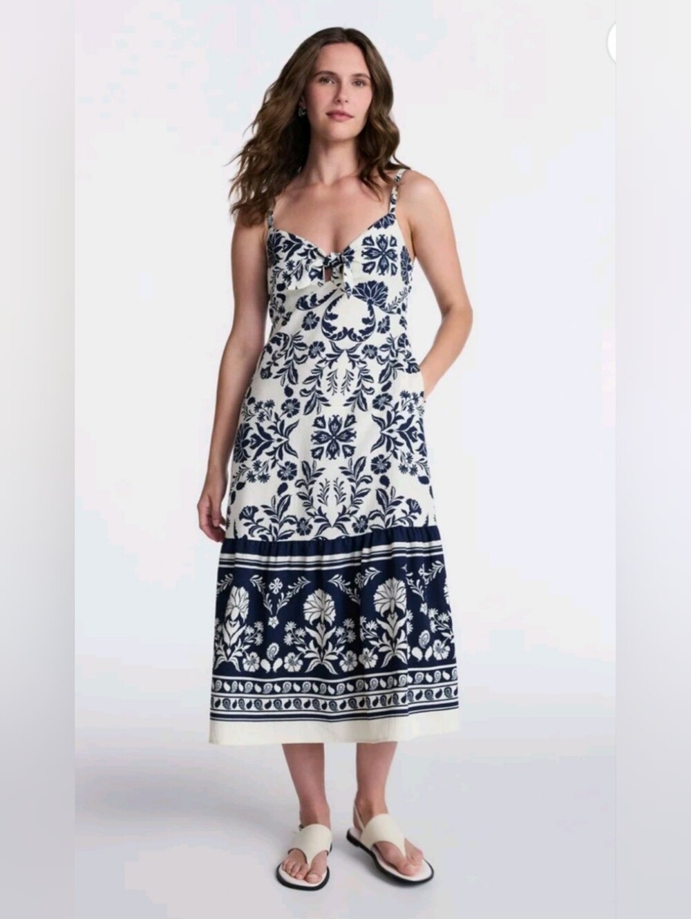Floral Tie-Front Sleeveless Midi Dress Woman's Size L (12-14) NWT